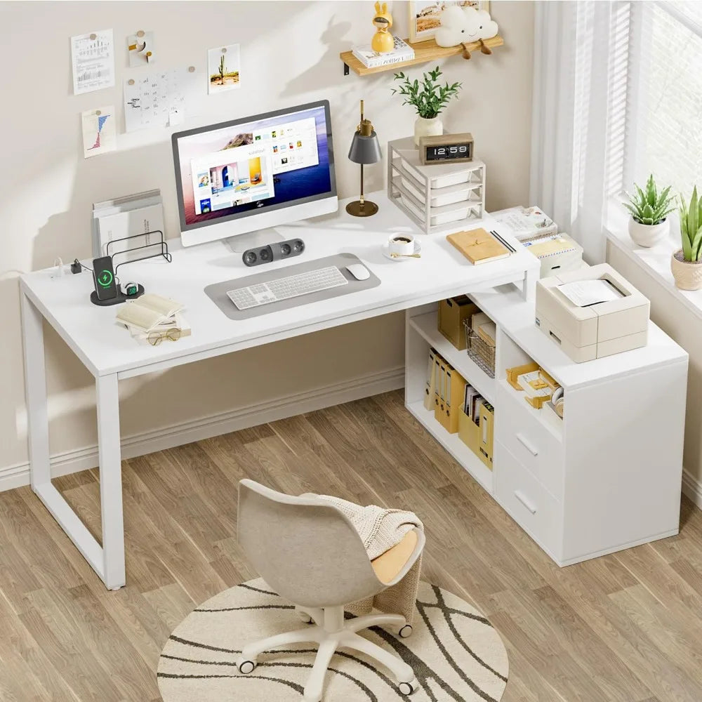 L Shaped Desk with Drawers&Shelves, 55'' Corner Computer Desk with Power Outlets, Reversible PC Table with Storage File Cabinet