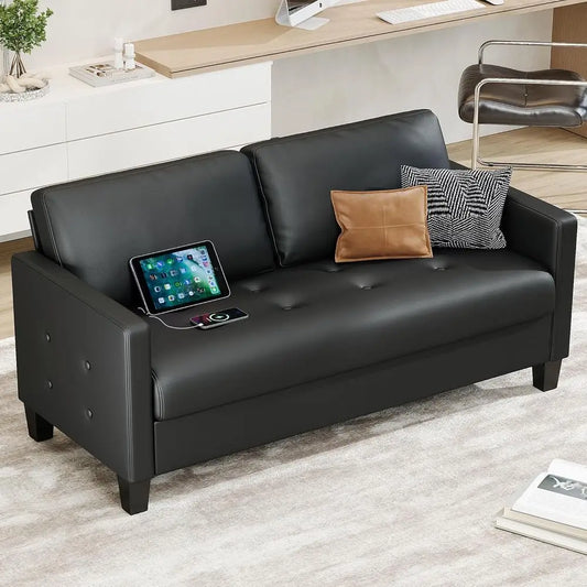 Black Faux Leather Sofa Couch, Modern Comfy Office 2 Seater Couch Loveseat with USB and Tufted Armrest, Small Love Seat Couches
