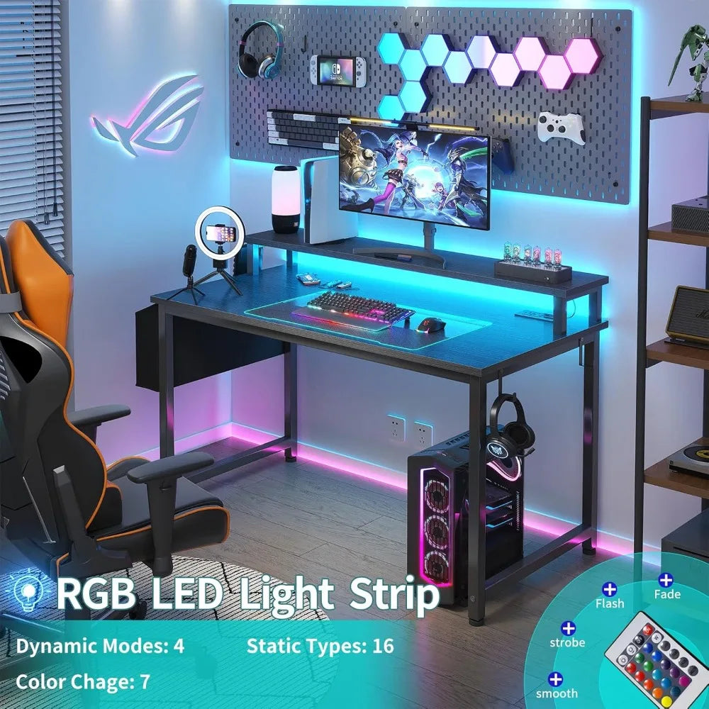 Black Gaming Desk with LED Lights and Power Outlets, 40 Inch Teen Writing Study Table Home Office Desks with Monitor Stand, Com