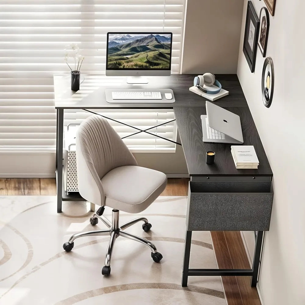 L Shaped Desk Gaming Computer 50 Inch Reversible Corner Table PC for Writing Study Student with Wood Tabletop Metal Frame CPU St