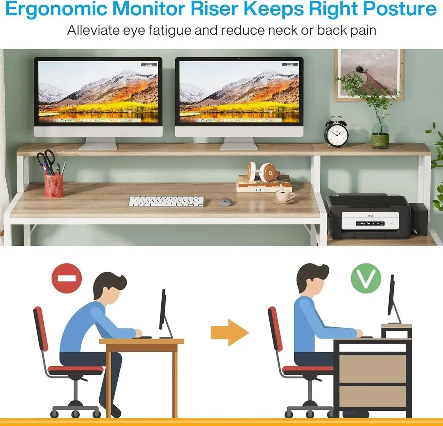 63 Inch Computer Desk with File Drawer Cabinet, Ergonomic Office Desk with Monitor Stand, Industrial Computer Table