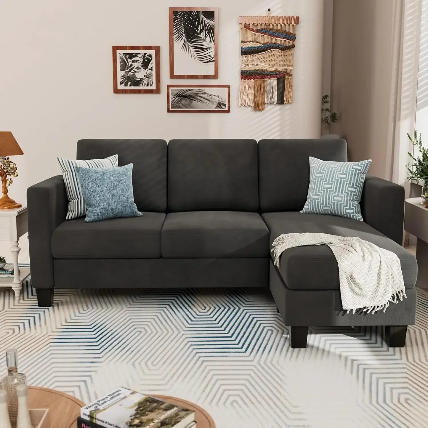 Convertible Sectional 3 L-Shaped Couch Soft Seat with Modern Linen Fabric, Space-saving Sofas