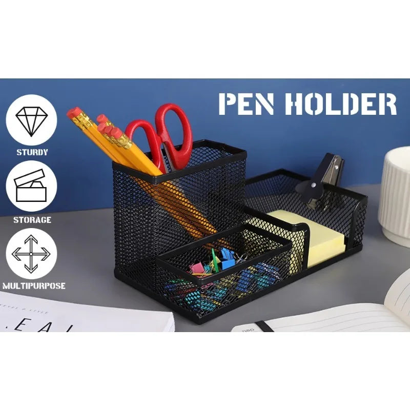 1pcs 3 Compartments Mesh Desk Organizer Office Supplies Caddy with Pencil Holder and Storage Baskets for Desktop Accessories