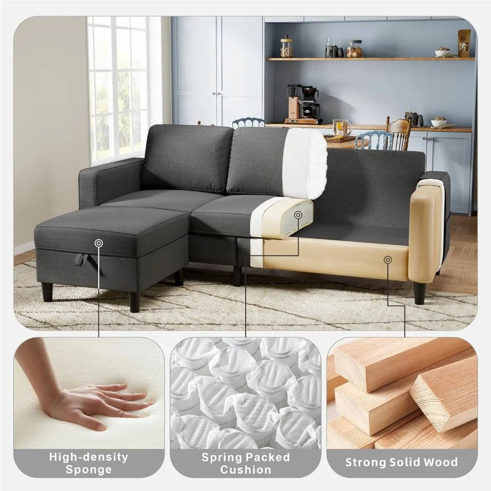 Sectional Sofa Couches, Dark Grey 3 Seat L-Shaped Couch with Storage Ottoman, Comfy Linen Convertible Sectionals