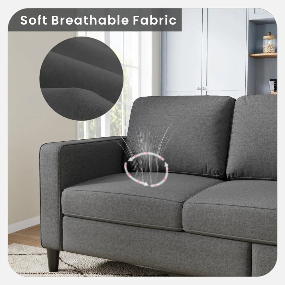 Sectional Sofa Couches, Dark Grey 3 Seat L-Shaped Couch with Storage Ottoman, Comfy Linen Convertible Sectionals