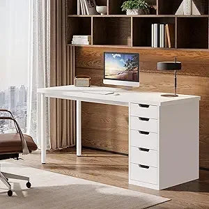 Modern Simple Computer Desk, 47 Inches PC Desk with 5 Reversible Drawers, Rustic Brown Study Writing Table Workstation for Home
