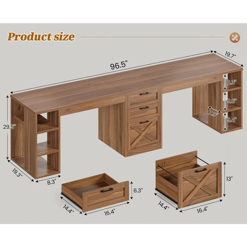 Farmhouse 96.5" Computer Desk with Drawers, 2 Person Home Office Desk, Gaming Double Desk with Storage Shelves, Long Two