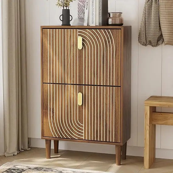 Freestanding Shoe Storage Cabinet with Dual Drawers, 23.6 Wide Metal Handle Shoe Organizer for Entryway and Narrow Spaces