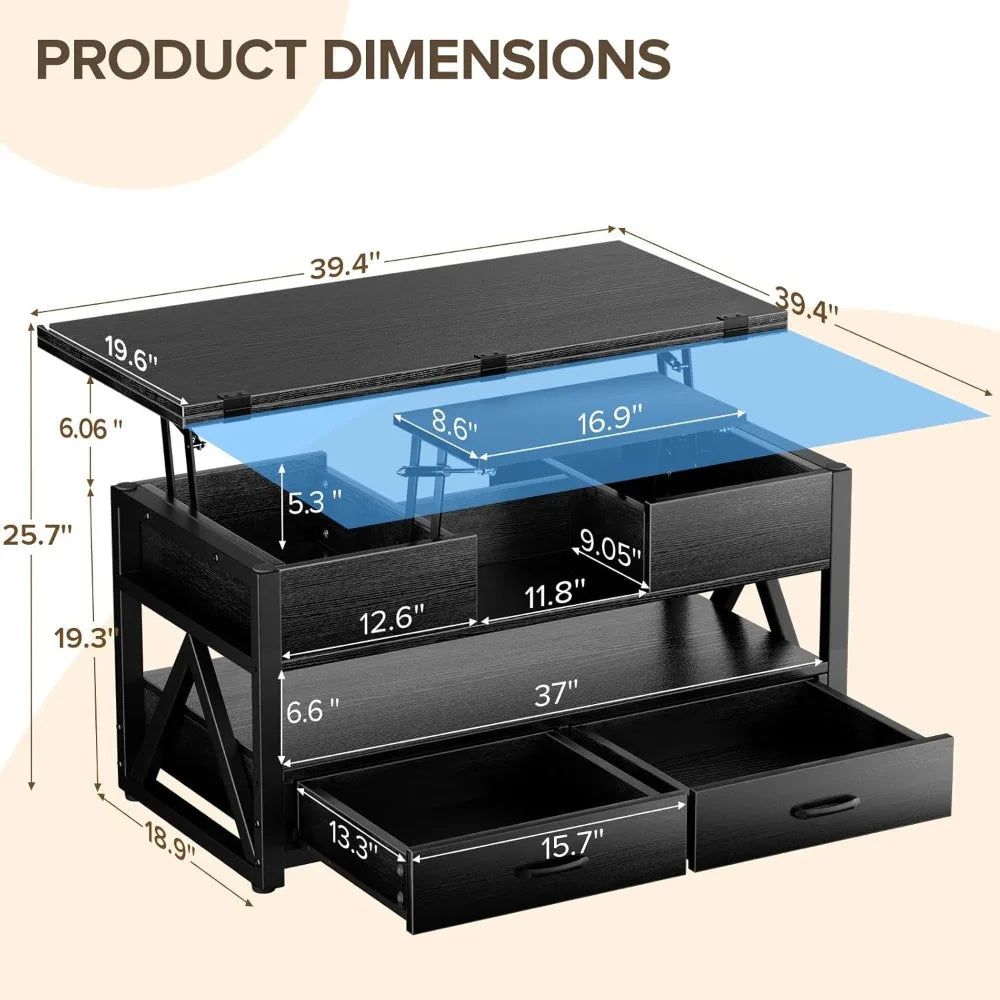 40" Lift Top Coffee Table,4 in 1 Multi-Function Lift Coffee Tables with Storage Drawers and Hidden Compartmen,Farmhouse Coffee T