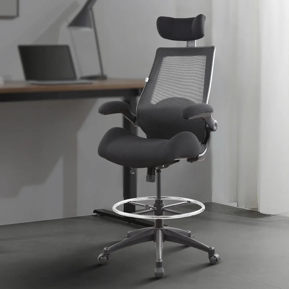 400lbs High Back Computer Office Drafting Chair Flip up Armrests Lumbar Support Adjustable Big Footrest Ring(Black)