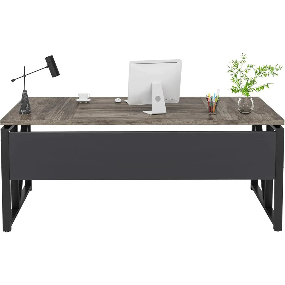 63 inches Computer Desk with Bottom Storage Shelf Home Office Desk Writing Table for Workstation,Dark Walnut + Steel Leg， Cabin