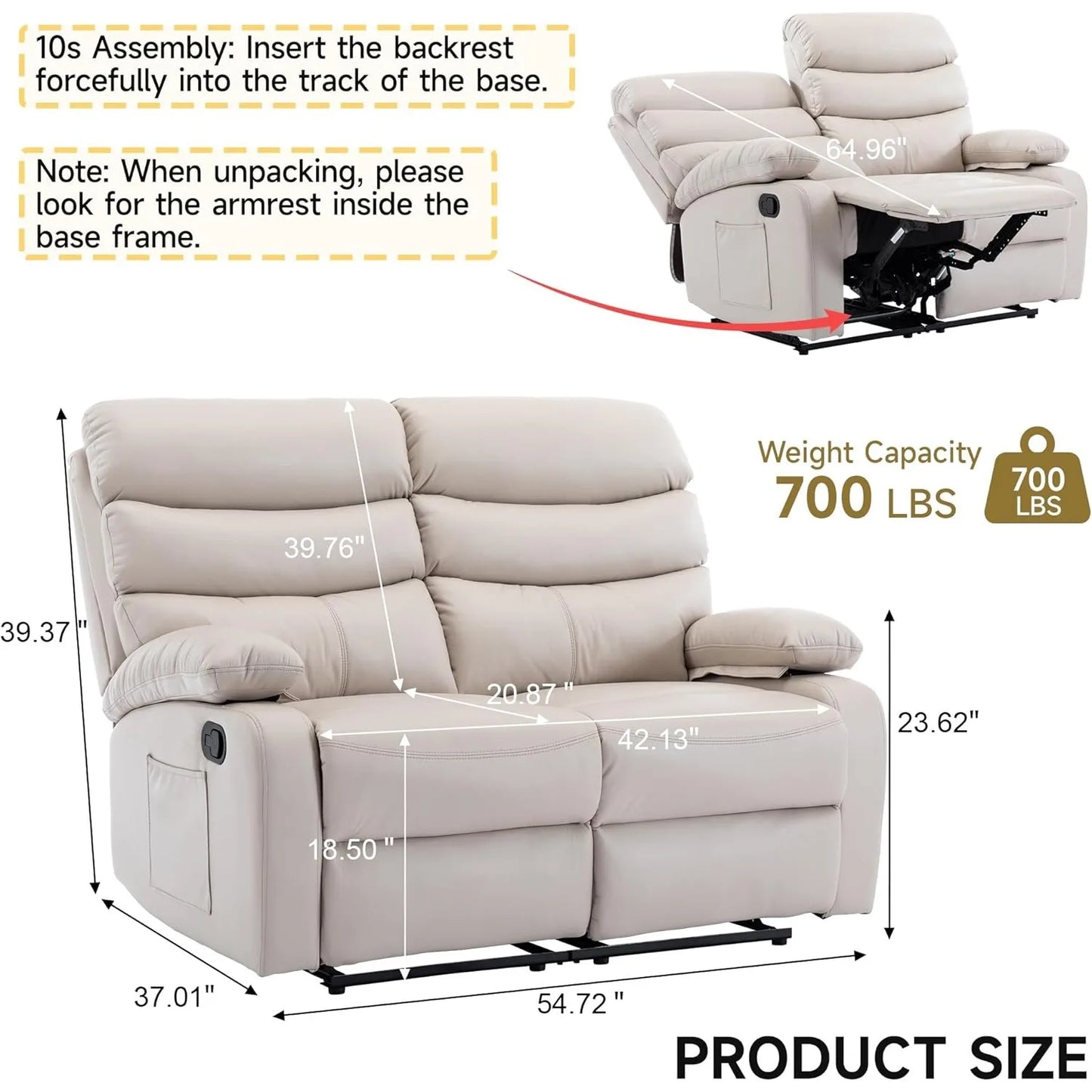 Reclining Loveseat, Leather Double Recliner Sofa with Side Pocket, Wall Hugger Loveseat Recliner