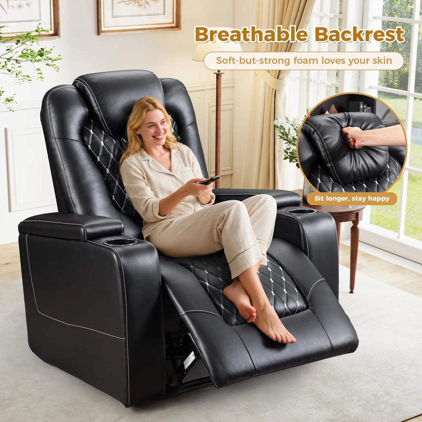 Electric Power Recliner Chair with USB Ports and Cup Holders, Breathable Leather Seating with Hidden Arm Storage