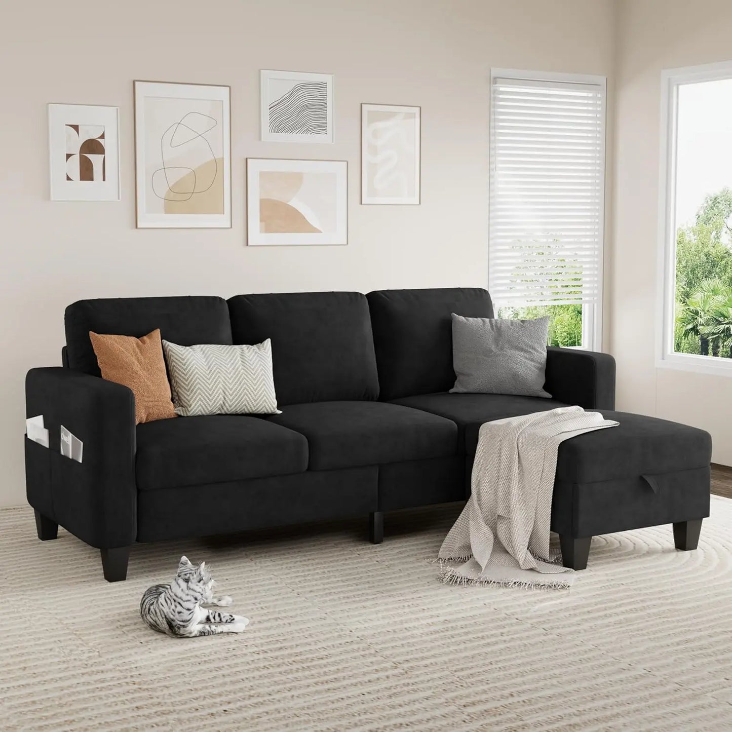Sectional Sofa Couches, Dark Grey 3 Seat L-Shaped Couch with Storage Ottoman, Comfy Linen Convertible Sectionals