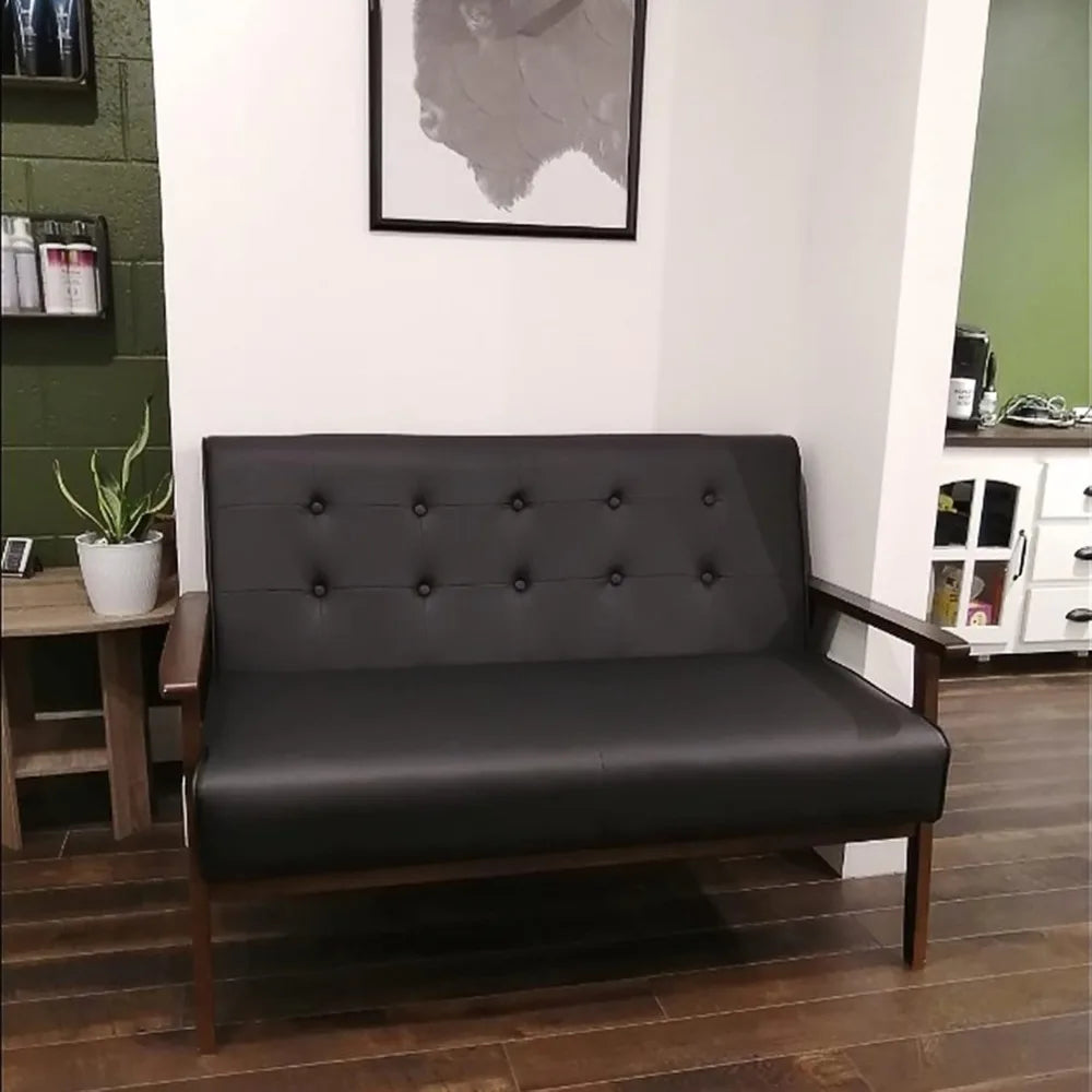 "Black Faux Leather Sofa Set - Loveseat & 2 Accent Chairs, Mid-Century Modern for Office/Waiting Room"