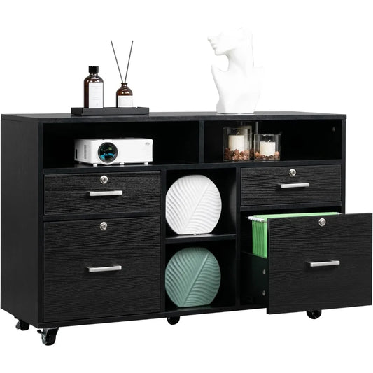 Wood Mobile File Cabinet with 4 Drawers and Shelves, Printer Stand with Open Storage, Locking Lateral Filing Cabinet for
