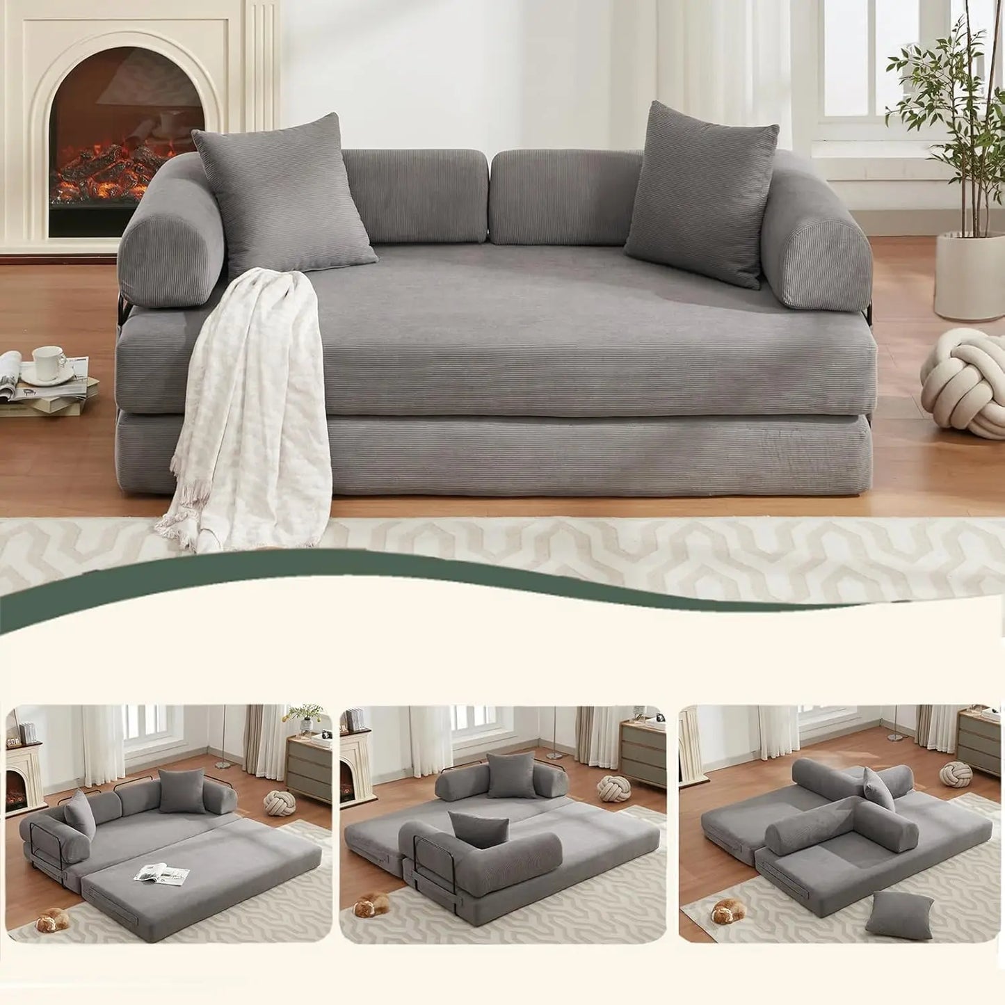 Convertible Folding Sofa Bed - Modular Floor Couch with Removable Backrest, Corduroy & Fixed-Frame