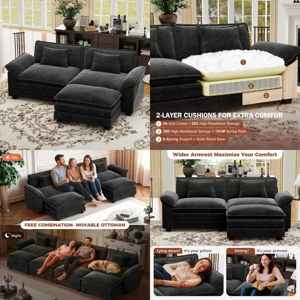 "86 Inch Modular L-Shaped Couch with Removable Ottoman, Plush 3-Seat Chenille Sofa for Modern Living Spaces"