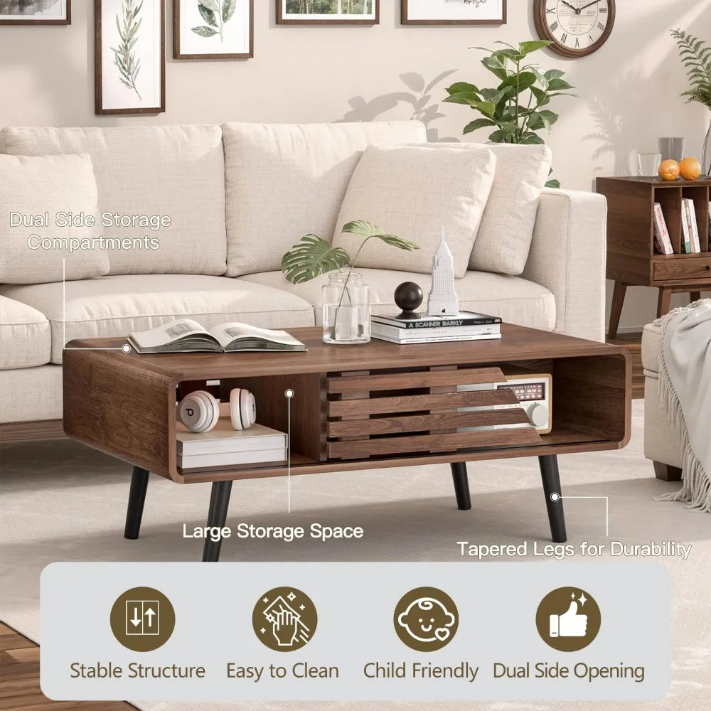 Mid Century Modern Coffee Table - Coffee Table for Living Room, 39.4 Fluted Design with Sliding Door Storage & Open Shelves