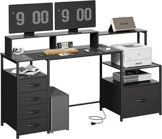 Computer Desk with Drawers, 67 Inch Office Desk with Storage and Power Outlet, Work Table for Home Office, Gaming Desk with Led