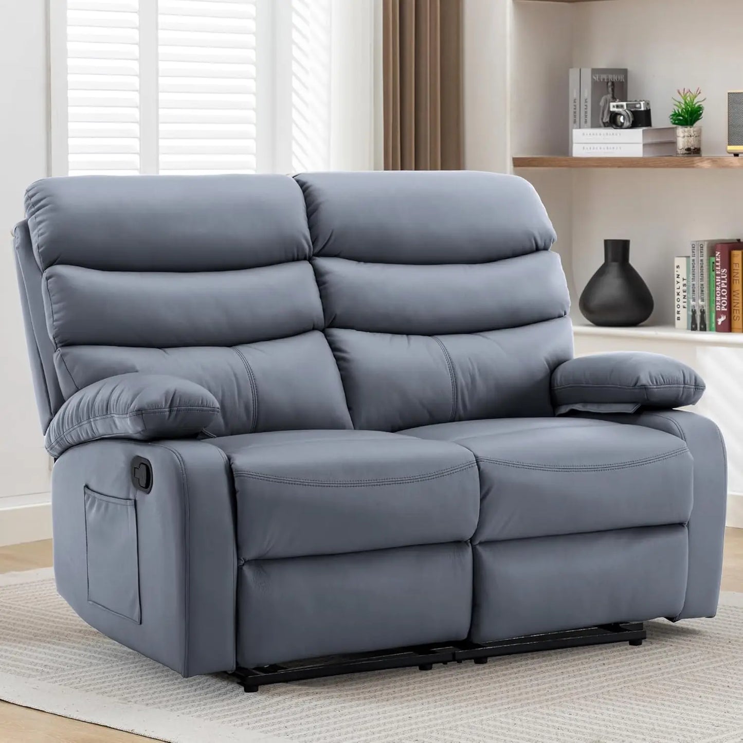 Reclining Loveseat, Leather Double Recliner Sofa with Side Pocket, Wall Hugger Loveseat Recliner