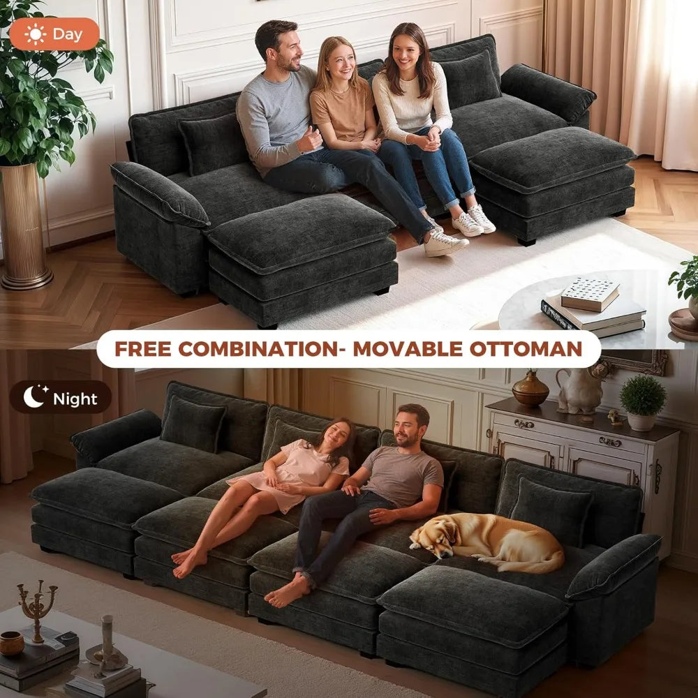"86 Inch Modular L-Shaped Couch with Removable Ottoman, Plush 3-Seat Chenille Sofa for Modern Living Spaces"