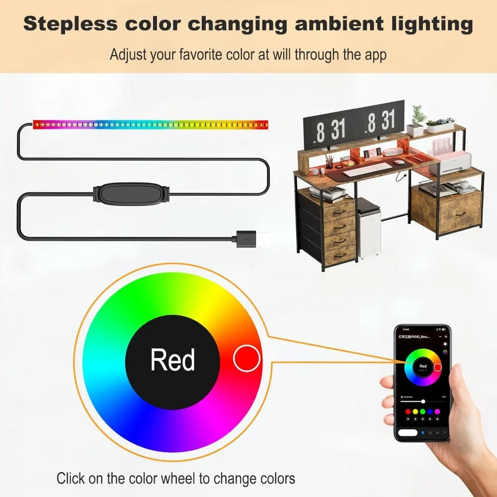 Computer Desk with Drawers, 67 Inch Office Desk with Storage and Power Outlet, Work Table for Home Office, Gaming Desk with Led