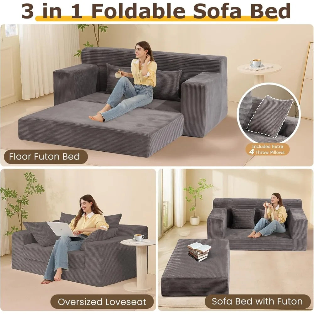 Convertible Sofa Bed, 3 in 1 Loveseat Folding Couch Bed Foldable - Boneless Couch & Floor Futon Sleeper, Corduroy Pull Out Sofa