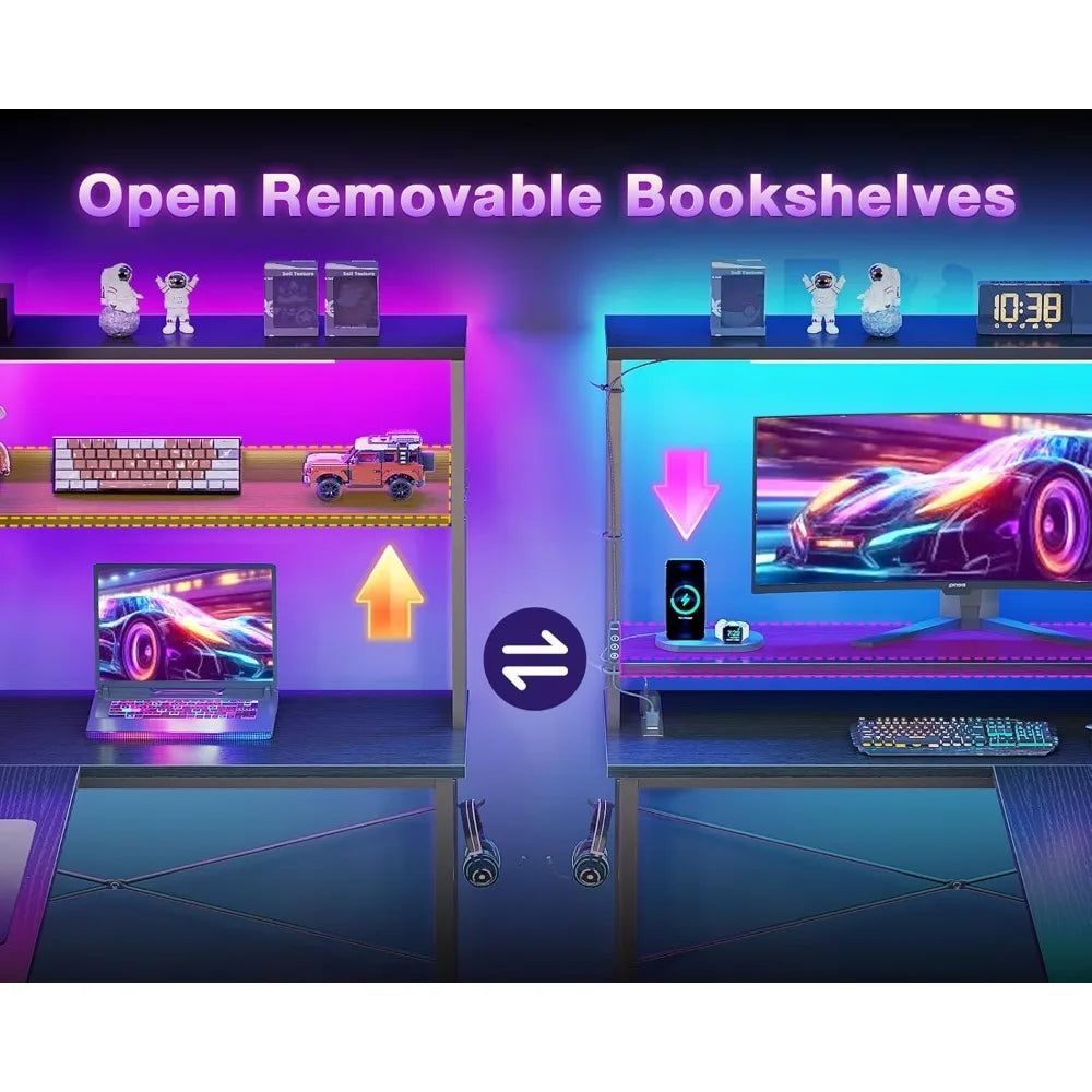 53 Inch L Shaped Desk with LED Lighting, Reversible Gaming Desk with Power Outlets, Cornor Computer Table with Storage Shelves