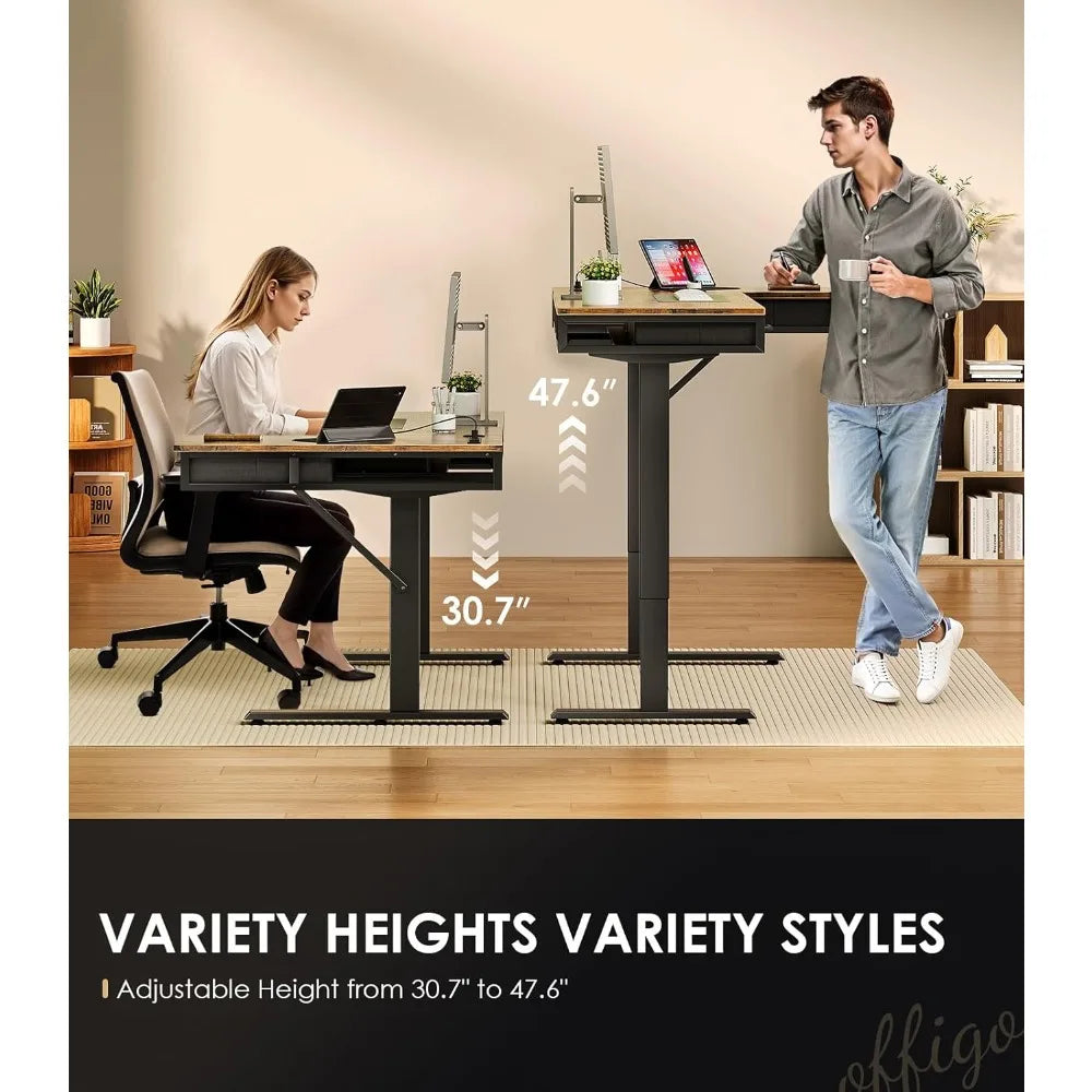 63 Inch L Shaped Electric Standing Desk with Drawers, Height Adjustable Large Desk with Power Outlets, Sit Stand Table