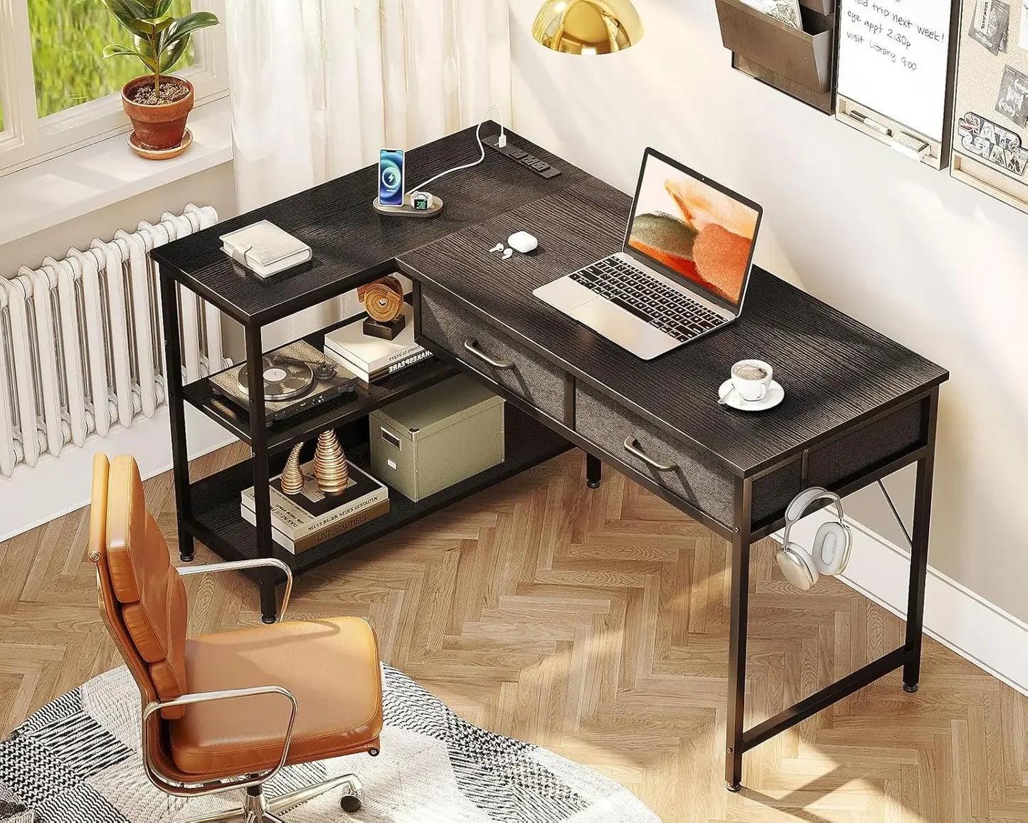 40 Inch L Shaped Computer Desk with 2 Drawers, Small Desk for Small Space, Home Office Table for Laptop Users, Black