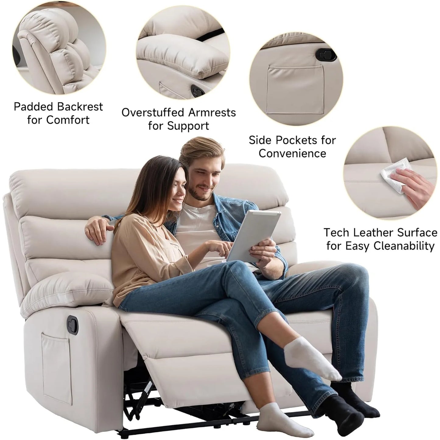 Reclining Loveseat, Leather Double Recliner Sofa with Side Pocket, Wall Hugger Loveseat Recliner