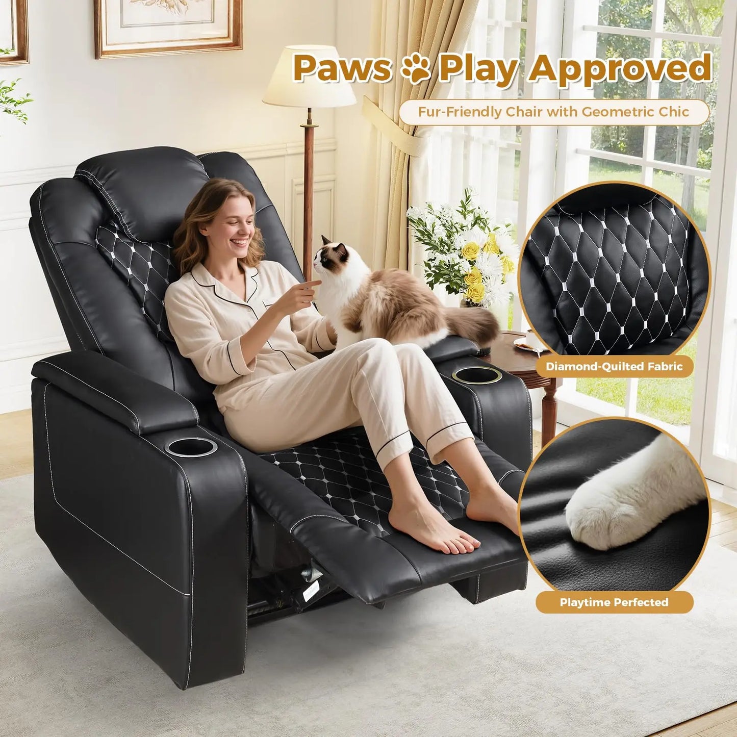 Electric Power Recliner Chair with USB Ports and Cup Holders, Breathable Leather Seating with Hidden Arm Storage