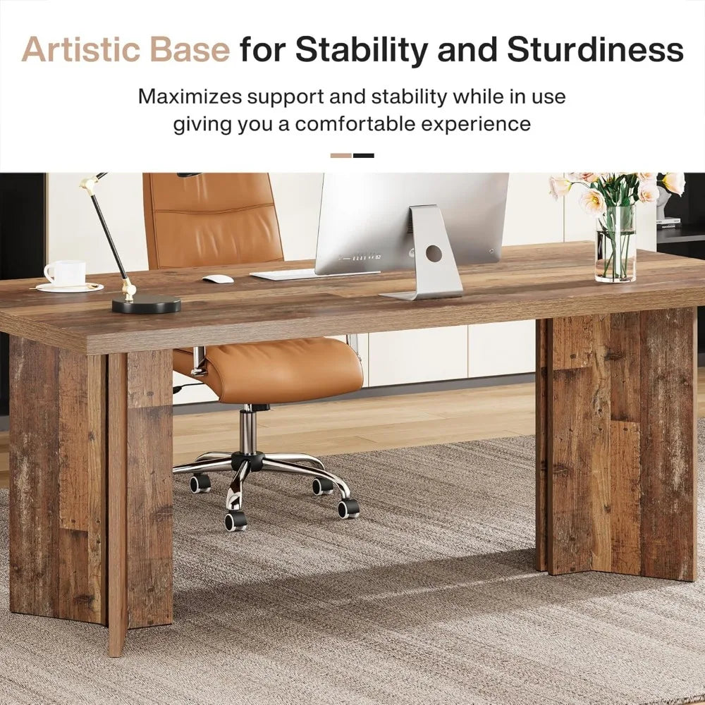 63-inch Executive Desk,Vintage Home Office Computer Desk with Large Tabletop,Farmhouse Wood Writing Conference Table Workstation