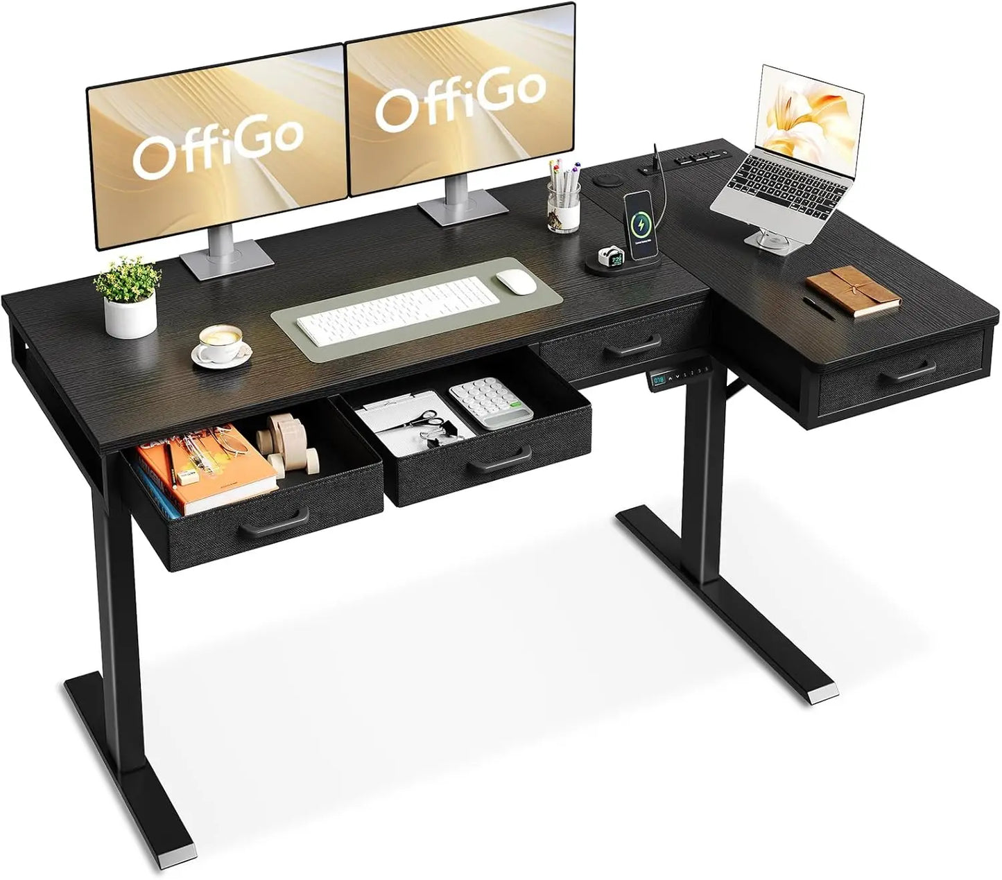 63 Inch L Shaped Electric Standing Desk with Drawers, Height Adjustable Large Desk with Power Outlets, Sit Stand Table