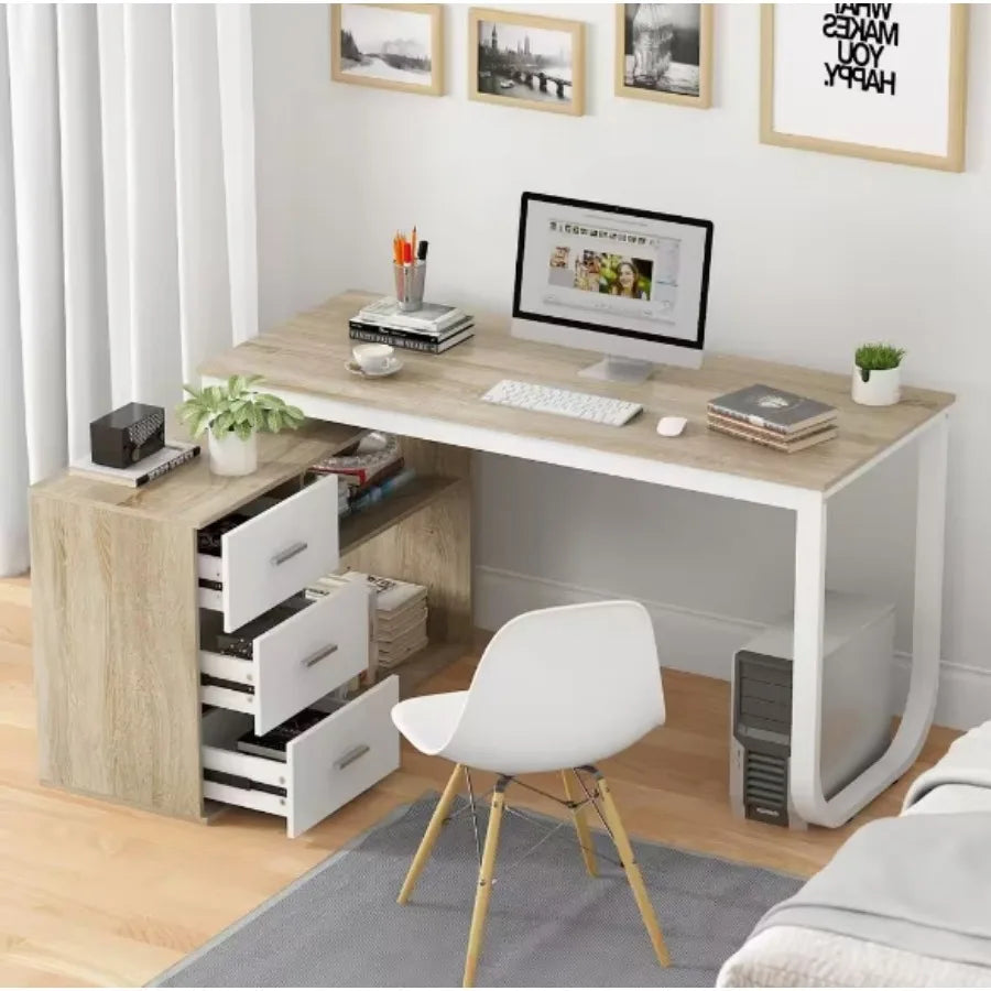 55.1 in. L Shaped Oak and White Wood with 3-Drawer Computer Desk Writing Desk Study Table Home Office,easy to assemble
