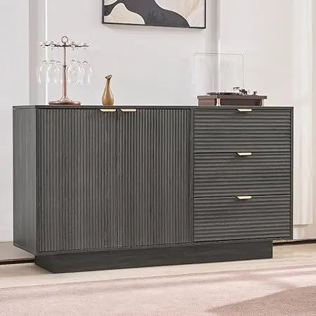 55''Large Fluted Sideboard Buffet Cabinet, Modern Buffet Table Coffee Bar Wine Bar Storage Cabinet with 2 Doors and 3 Drawers fo