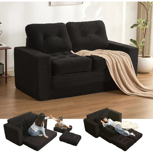 61" Corduroy 3-in-1 Convertible Sofa Bed - Pull Out Sleeper with Futon & Pillows