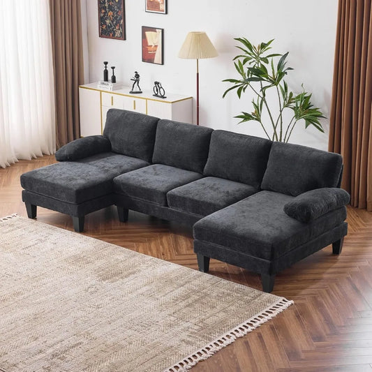 110" Sectional Couches, U Shaped Couch with Double Chaise, 4-Seat Sofa Set with Chenille Fabric
