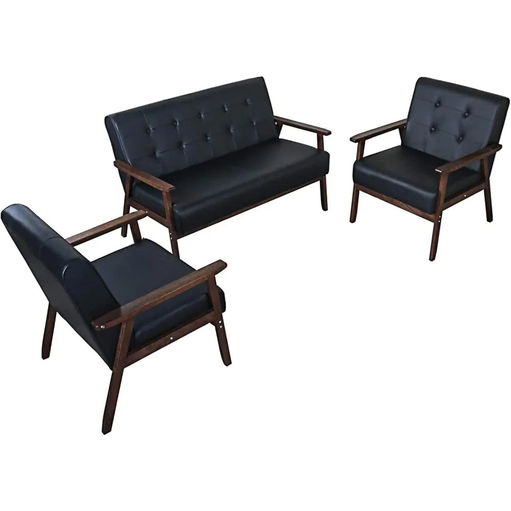 "Black Faux Leather Sofa Set - Loveseat & 2 Accent Chairs, Mid-Century Modern for Office/Waiting Room"