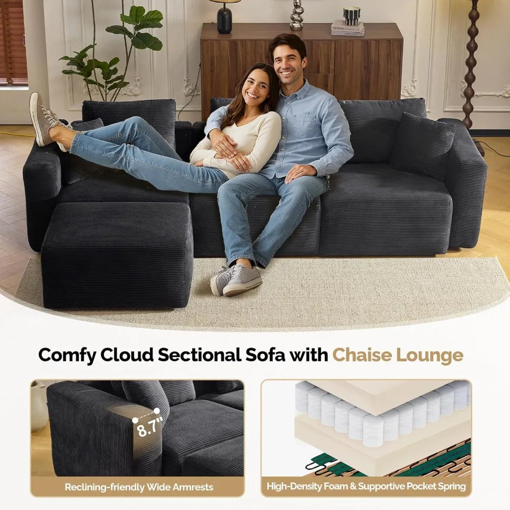 112.2“ Convertible Corduroy Cloud Sectional Couches with Movable Ottoman, L-Shaped Upholstered Sofa with Deep Seat