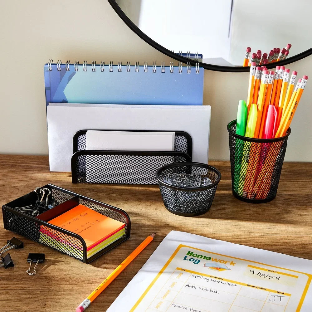 Metal Desk Organizer Set 4 Pieces Mesh Design Letter Sorter Pencil Cup Memo Holder Clip Holder Durable Office Home Storage