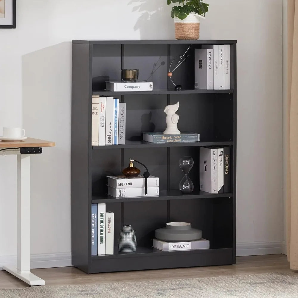 Black Bookshelf for Bedroom 4 Shelf Office Bookcase 48 Inches Tall Modern Wood Bookshelf for Living Room 4 Tier Wide