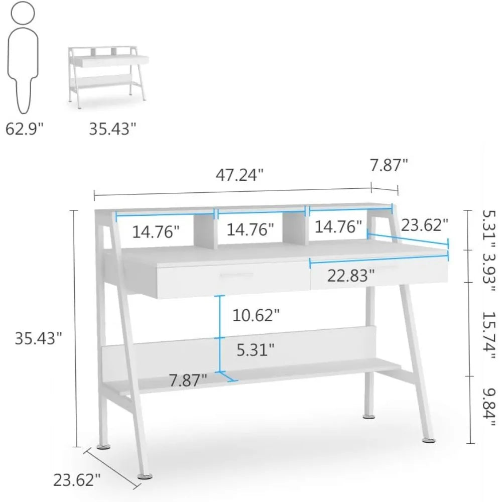 Computer Desk with Storage Shelf & Drawers, Modern 47 inch Office Writing Desk Study Table with Monitor Stand Riser for Home Of