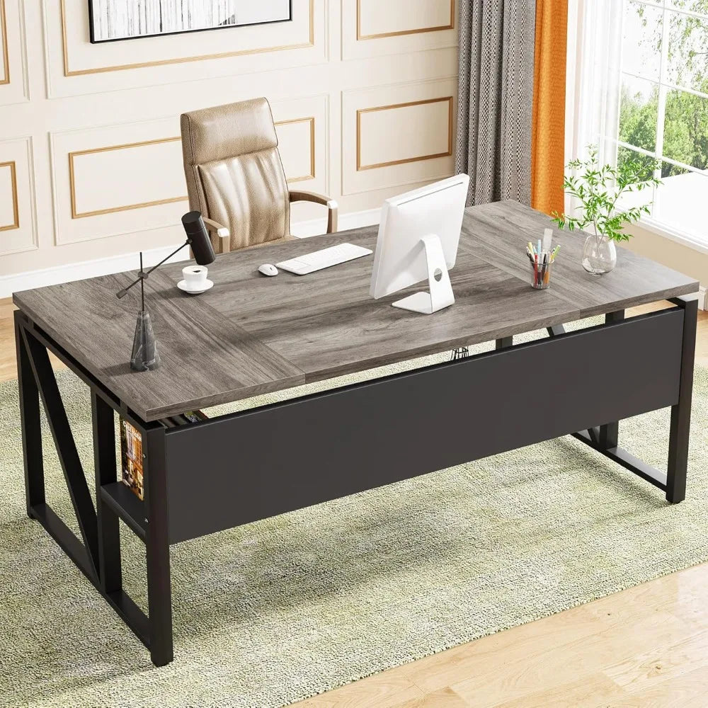 63 inches Computer Desk with Bottom Storage Shelf Home Office Desk Writing Table for Workstation,Dark Walnut + Steel Leg， Cabin