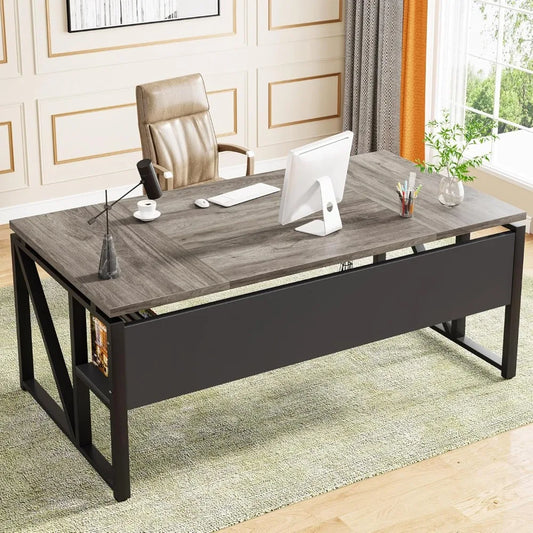 63 inches Computer Desk with Bottom Storage Shelf Home Office Desk Writing Table for Workstation,Dark Walnut + Steel Leg， Cabin