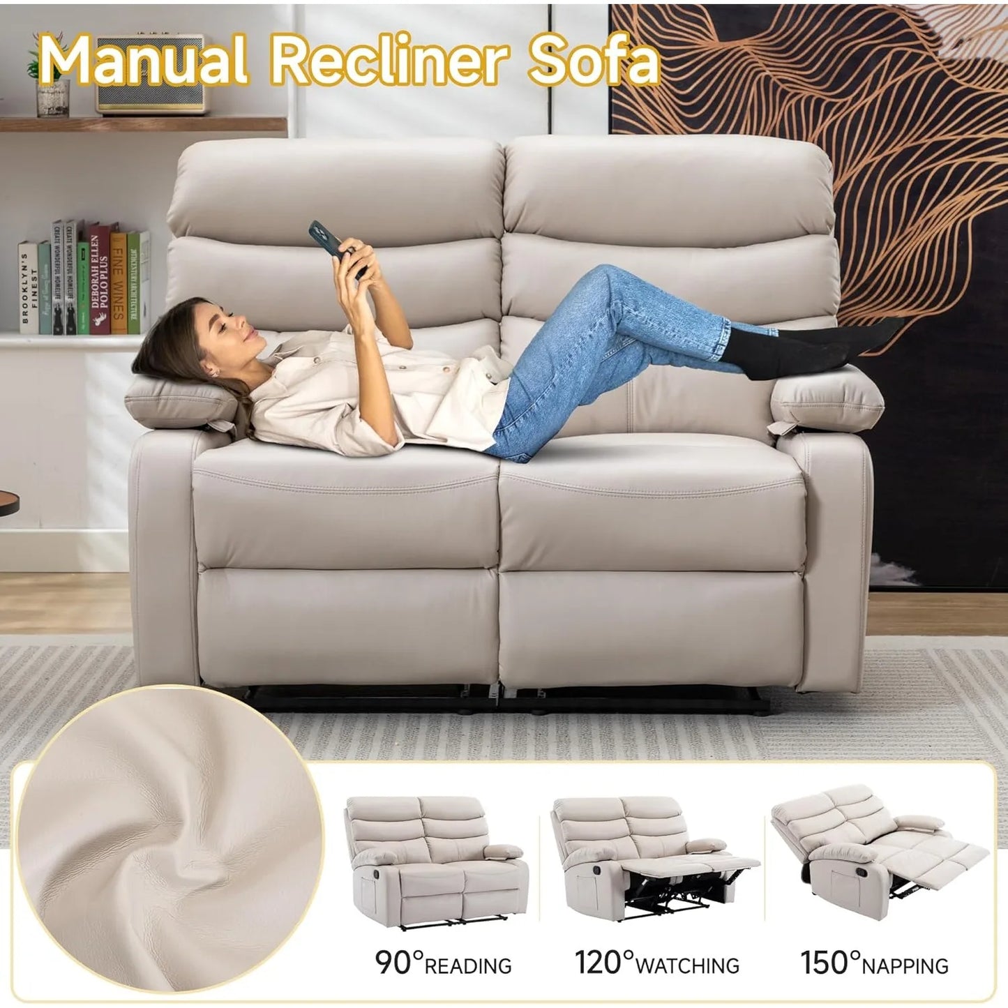 Reclining Loveseat, Leather Double Recliner Sofa with Side Pocket, Wall Hugger Loveseat Recliner