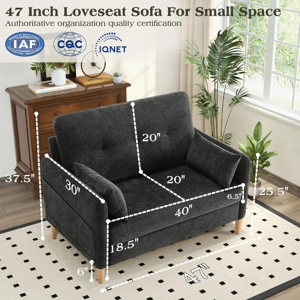 compact 47" loveseat sofa with comfy chenille fabric and removable throw pillow