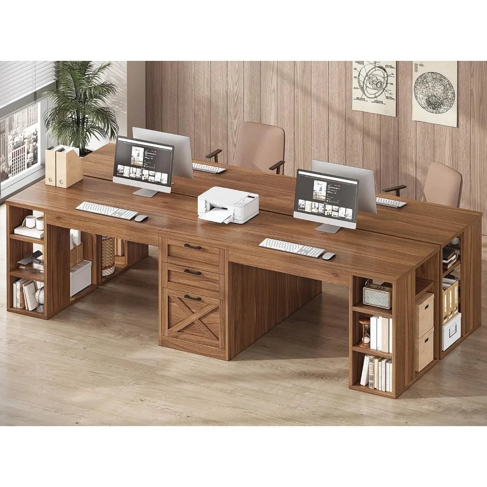 Farmhouse 96.5" Computer Desk with Drawers, 2 Person Home Office Desk, Gaming Double Desk with Storage Shelves, Long Two