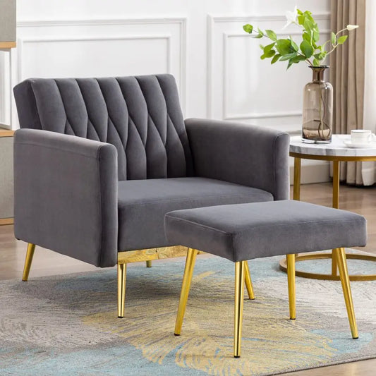 Modern Velvet Accent Chairs with Ottoman, Living Room Chair Single Sofa with Adjustable Armrests, Upholstered Tufted Lounge Chai